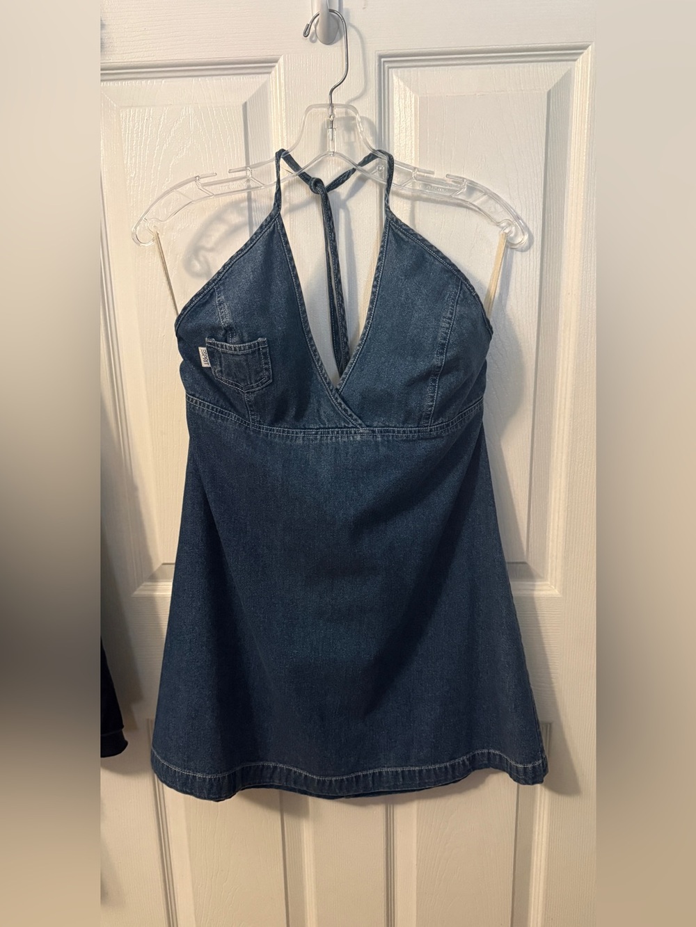 Vintage Esprit blue denim halter mini dress.
